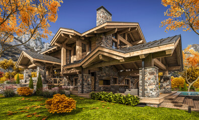 Obraz premium 3d rendering of modern cozy chalet with pool and parking for sale or rent. Beautiful forest mountains on background. Massive timber beams columns. Clear sunny autumn day with golden leaves anywhere.