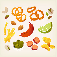 Set of most popular beer pub snacks pretzels nuts and sausages you meet in every bar. Isolated vector images.