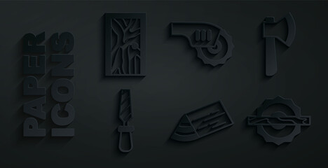 Set Wooden beam, axe, Rasp metal file, Electric circular saw, and Closed door icon. Vector