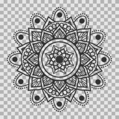 Monochrome mandala ornament outline pattern. Indian geometric art graphic for meditation. Isolated vector illustration.