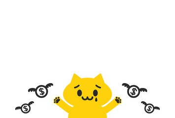 泣いている猫と飛んでいくドル：赤字・出費・支払い・税金・増税・コロナウイルスの影響のイメージ素材