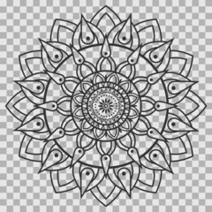 Monochrome mandala ornament outline pattern. Indian geometric art graphic for meditation. Isolated vector illustration.