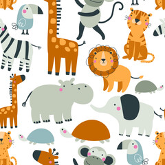 Cute seamless pattern with wild animals on white background. © Anastasiya Vaulina
