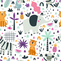 Naklejka premium Seamless pattern with cute tropical animals.