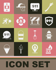 Set Fire in burning building, hydrant, Emergency call 911, Firefighter, exit, alarm system and Road barrier icon. Vector