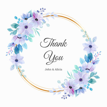 Thank you card with soft purple floral wreath watercolor