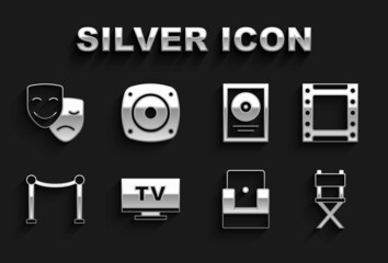 Set Smart Tv, Play video, Director movie chair, Cinema, Rope barrier, CD disk award frame, Comedy and tragedy masks and Stereo speaker icon. Vector