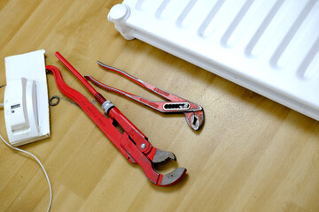 professional plumbing tools for plumbing work, gas, pipe, wrench and adjustable wrenches, white...