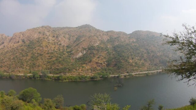 View of the rocky hills besides Lake Badi at Udaipur in Rajashtan, India	