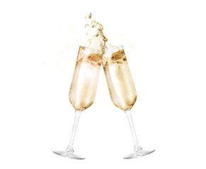 Clinking glasses of sparkling wine with splash on white background