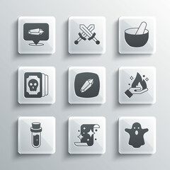 Set Magic scroll, Ghost, Hand holding fire, stone, Bottle with potion, Tarot cards, and Witch cauldron icon. Vector