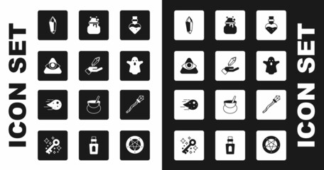 Set Bottle with potion, Magic stone, All-seeing eye of God, Ghost, Witch cauldron, staff and Fireball icon. Vector
