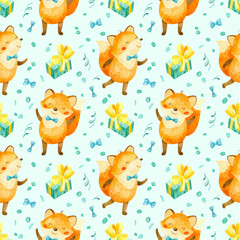 Obraz premium Seamless pattern with happy fox cub with cupcakes, gifts and other birthday elements. Cute watercolor clipart for children's party decoration, baby showers. Seamless backdrop on light blue background