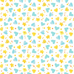 Seamless pattern with yellow and blue hearts and stars. Cute watercolor clipart for children's party decoration, baby showers. Seamless backdrop on white background