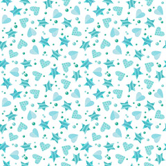 Seamless pattern with blue hearts and stars. Cute watercolor clipart for children's party decoration, baby showers. Seamless backdrop on white background