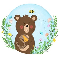 A raster illustration drawn by hand with live lines. a pretty little bear with a barrel of honey among the flowers. Avatar, logo.