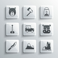 Set Mountains, Hunter boots, Rhinoceros, Safari car, Machete, Arrow, Bear head and Camping lantern icon. Vector