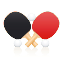 Table tennis bats, crossed ping pong paddles balancing with balls. Symbol for sporting competition, match, contest, battle, fight. Isolated vector illustration on white background.
 - obrazy, fototapety, plakaty