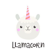 Vector illustration with lama and text llamacorn.