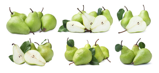 Set with tasty ripe pears on white background. Banner design