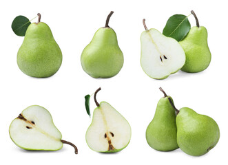 Set with tasty ripe pears on white background