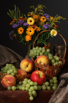 Still life with flowers and fruits in the style of old Dutch artists