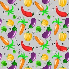 Seamless pattern on the theme of food. Carrots, peppers, eggplant and broccoli are hand-drawn in the kartun style. Design for fabric, clothing and other items.