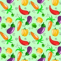 Seamless pattern on the theme of food. Carrots, peppers, eggplant and broccoli are hand-drawn in the kartun style. Design for fabric, clothing and other items.