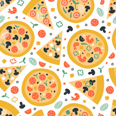 Seamless vector texture with pizza slices and ingredients. Tomato, cheese, bacon, shrimps, pepper, onion, pineapple, salami. Food menu restaurant pattern concept with tasty elements