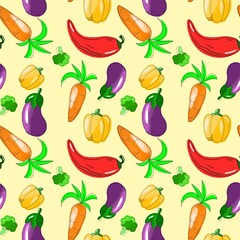 Seamless pattern on the theme of food. Carrots, peppers, eggplant and broccoli are hand-drawn in the kartun style. Design for fabric, clothing and other items.