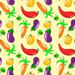 Seamless pattern on the theme of food. Carrots, peppers, eggplant and broccoli are hand-drawn in the kartun style. Design for fabric, clothing and other items.