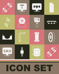 Set Skateboard, ball bearing, stairs with rail, wheel, Tool allen keys, Longboard or skateboard and Action camera icon. Vector