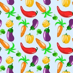 Seamless pattern on the theme of food. Carrots, peppers, eggplant and broccoli are hand-drawn in the kartun style. Design for fabric, clothing and other items.