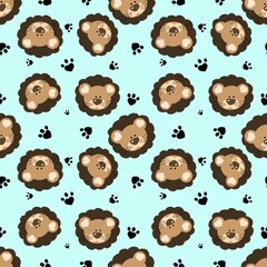 Seamless pattern with a cute lion cub. Design for clothing, fabric and other items. The illustration is hand-drawn with live lines in the cartoon style.