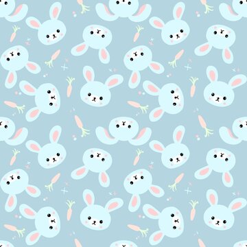 Seamless pattern with cute bunnies, carrots and other elements. Design for clothing, fabric and other items. The illustration is hand-drawn with live lines in the cartun style.