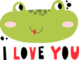 Vector cute cartoon smiling frog illustration with I love you romantic lettering. Ideal for apparel, stationery print template