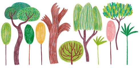Set of colored pencil drawn trees.