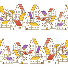 Seamless pattern with cute houses and windmills - cartoon town wallpaper for Your design