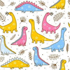 Seamless pattern with cute dinosaurs - cartoon background for children textile and wrapping design 4