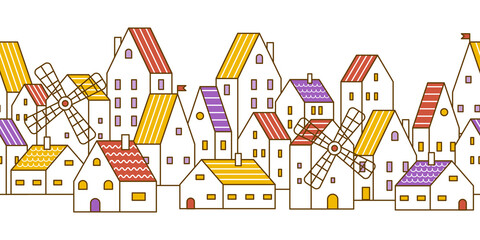 Seamless border with cute houses and windmills - cartoon town element for Your design