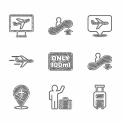 Set Liquids in carry-on baggage, Tourist with suitcase, Suitcase, Escalator down, Plane, and icon. Vector