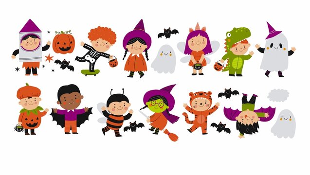 Happy Halloween cards. Cute Cartoon childrens in in carnival costume for halloween party. Vector illustration with Halloween kids