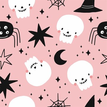 Happy Halloween cute vector seamless pattern with cartoon ghost, skull, bat, pumpkin, spider, stars. Pink and blak print in flat style