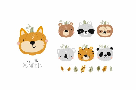 Cute Cartoon Pumpkin With Animal Face. Halloween Party Decor For Children. Cute Fox, Bear, Koala, Sloth, Tiger, Panda, Raccoon And Hand Drawn Lettering Quote