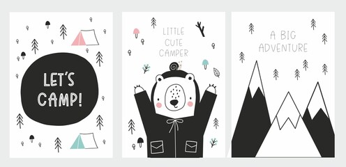 Cute hand drawn animals camper in scandinavian style. A big adventure with animals cartoon character Bear - vector print © NadezdaBarkova