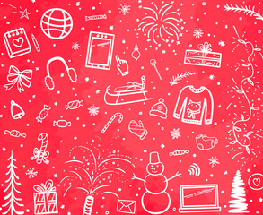 Hand drawn christmas background. Freehand art. Sketchy background with holiday elements. Winter holidays