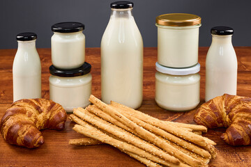 various dairy products in glass jars, organic products.