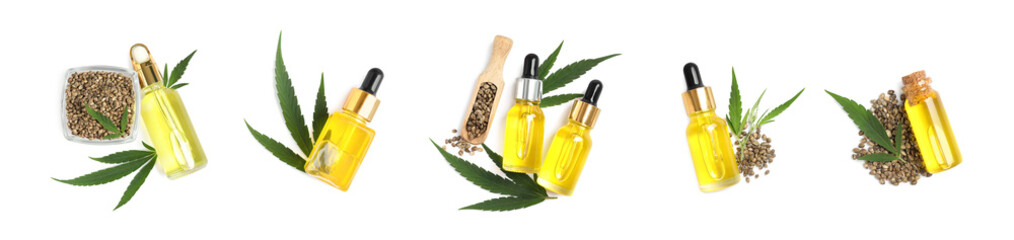 Set with hemp oil, seeds and leaves on white background, top view. Banner design