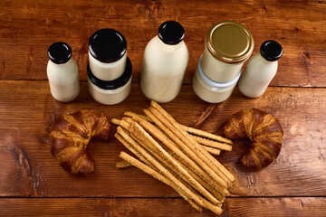 various dairy products in glass jars, organic products.