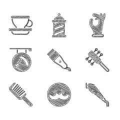 Set Electrical hair clipper, Mustache, Hairbrush, Barbershop with razor, Medical rubber gloves and Coffee cup icon. Vector
